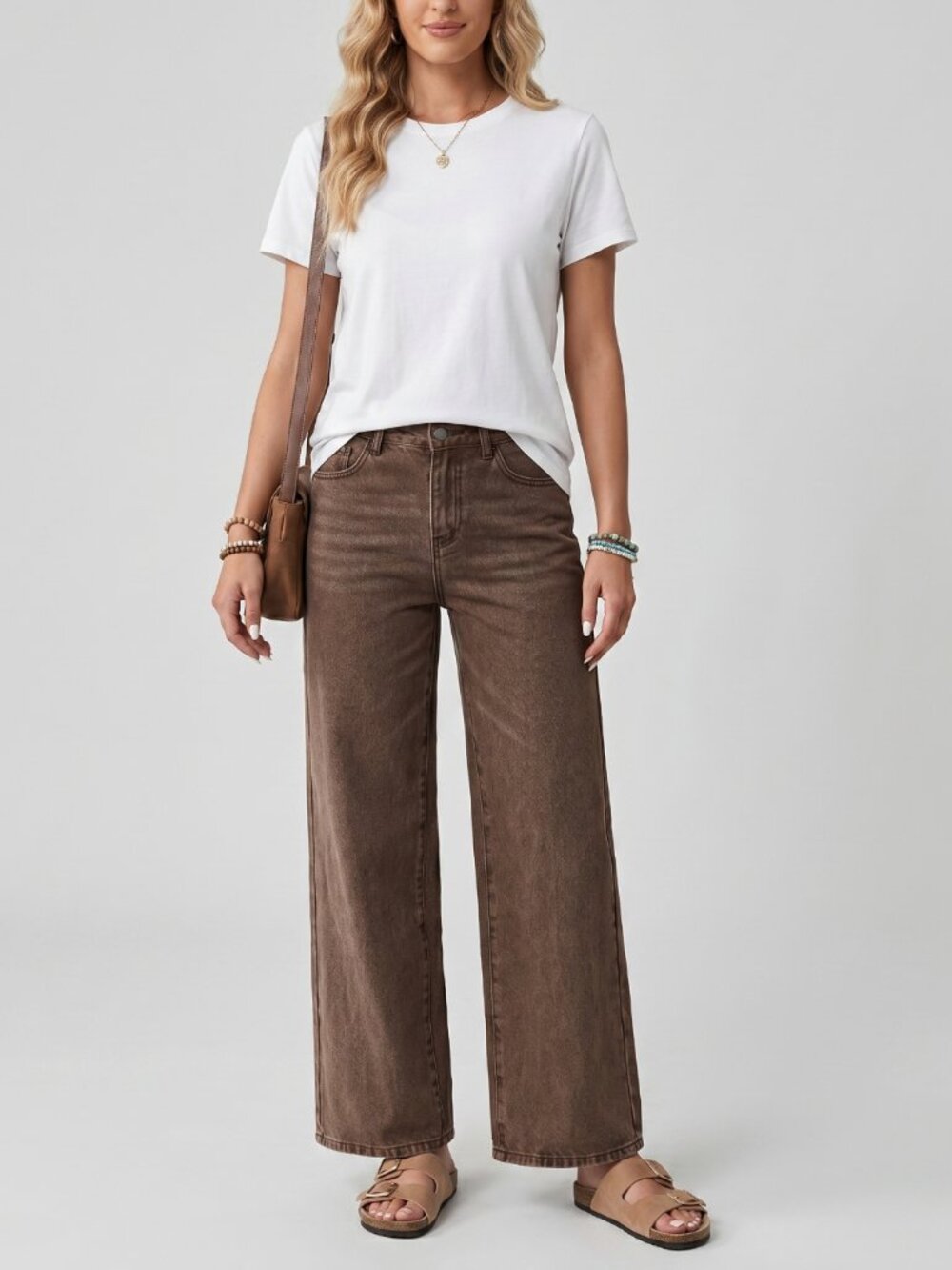 Women Brown High Waist Straight Leg Jeans Casual Cotton Minimal Chic Pants - Picture 5 of 6